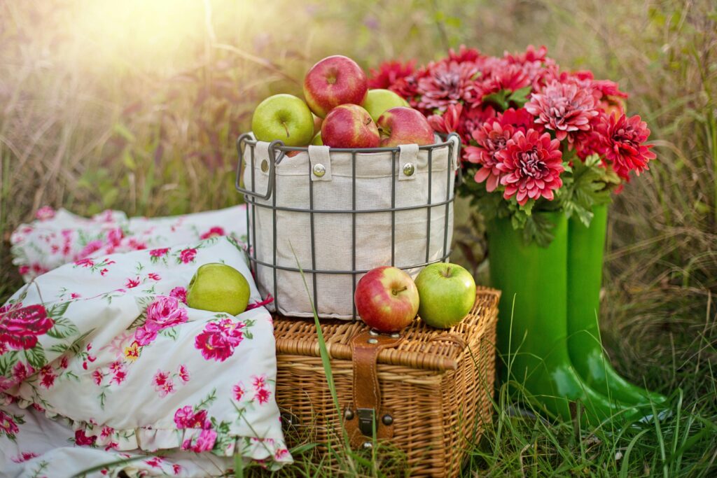 Foto von Jill Wellington: https://www.pexels.com/de-de/foto/picknick-blumen-rustikal-apfel-5421408/